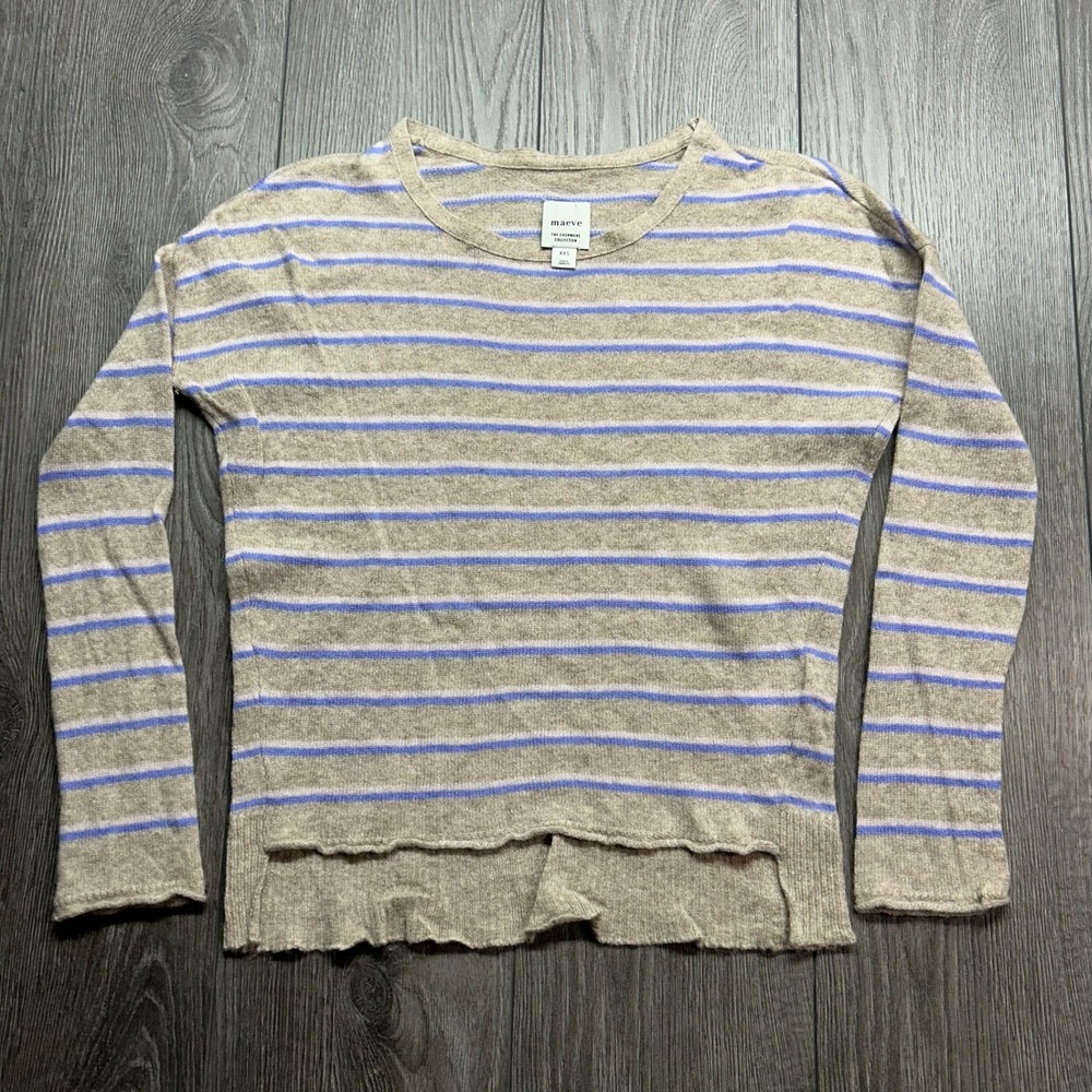 Maeve The Cashmere Collection Striped Crewneck Sweater Beige Blue XXS